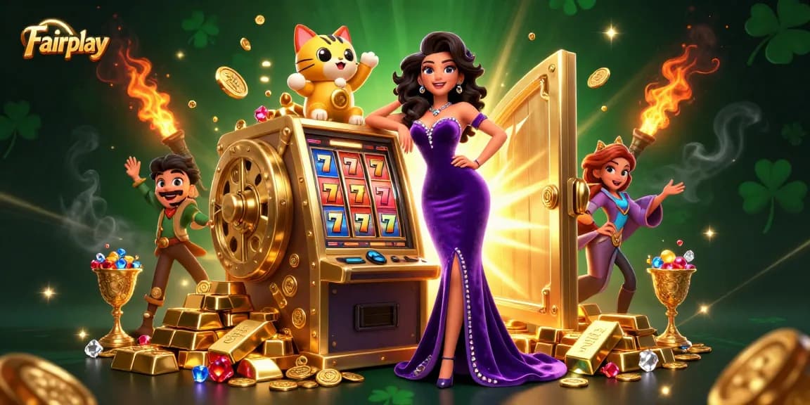 Experience Fairplay with a glamorous jackpot scene featuring slots and treasures.
