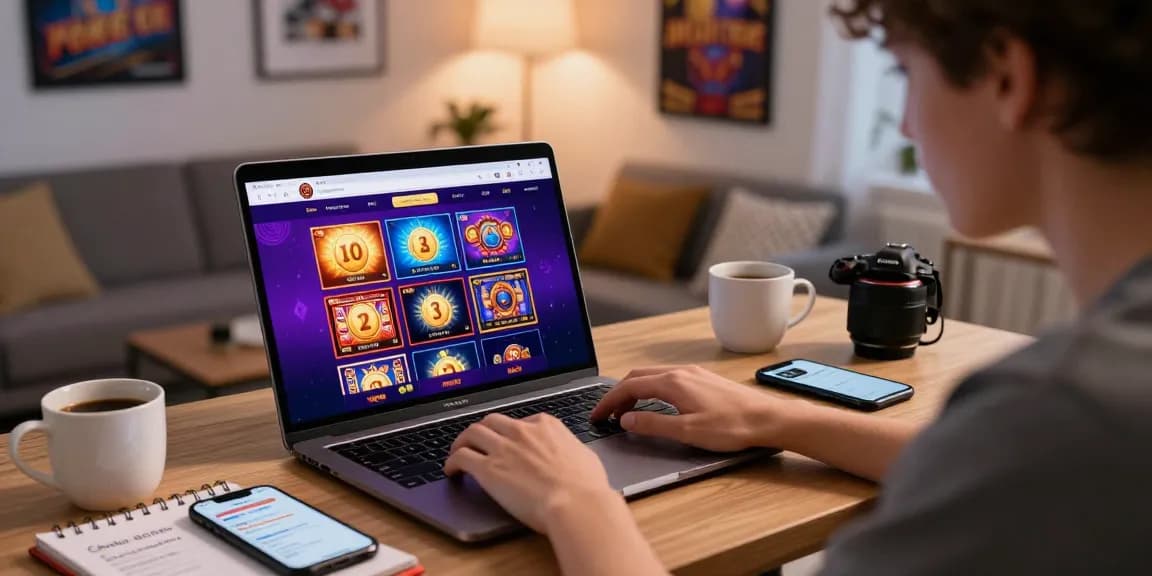 Engaging online gambling setup at home, featuring https://dea.org.uk on laptop screen, showcasing vibrant casino slots and responsible gaming tips.