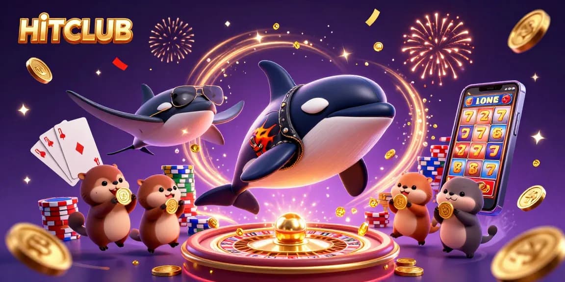 Engage with HITCLUB gaming excitement through 3D cartoon characters amidst festive casino elements.