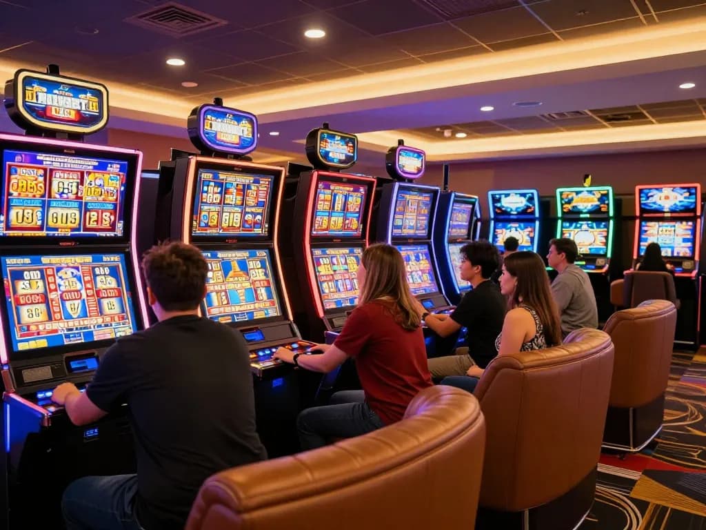 Engaged players experiencing a sites gacor at a slot machine area in a vibrant casino atmosphere.