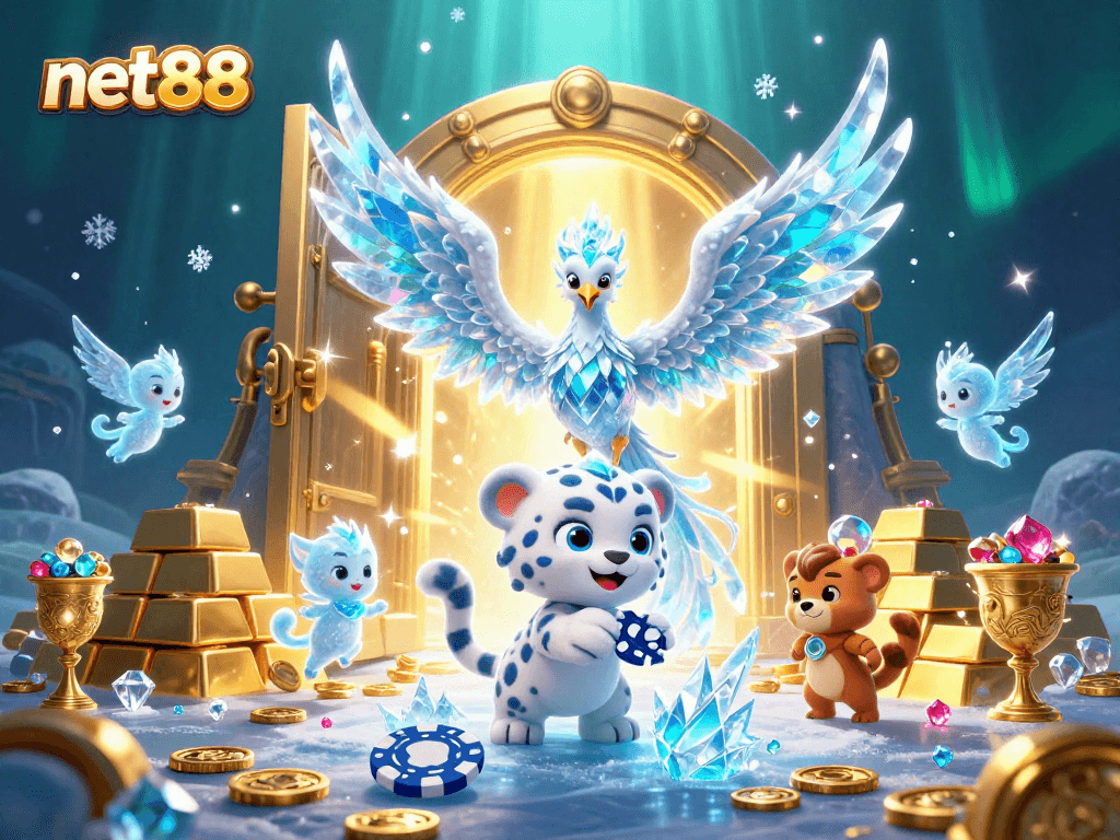 Experience net88's vibrant gaming scene with the playful ice phoenix and snow leopard cub.