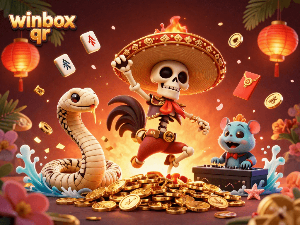 Winbox QR showcases a lively scene with a skeleton mariachi rooster and dynamic casino elements.
