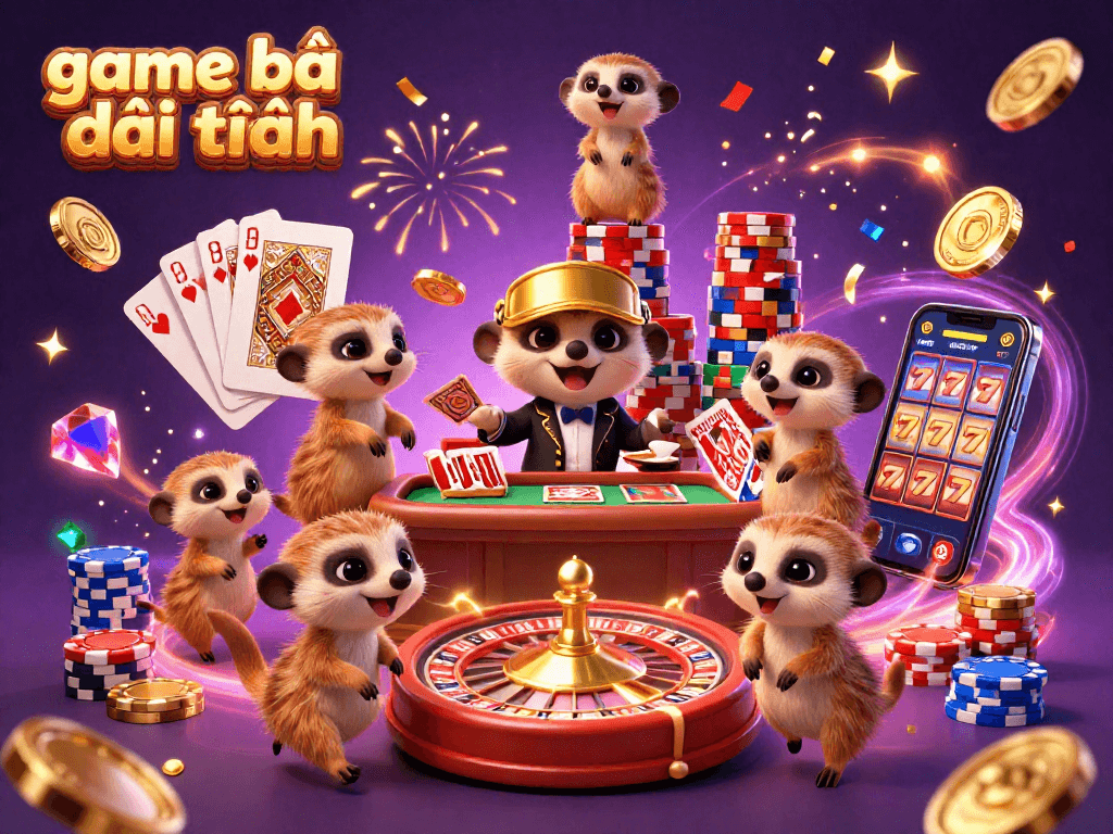 Experience the excitement of game bài đổi thưởng in a vibrant 3D casino scene with meerkats in action.