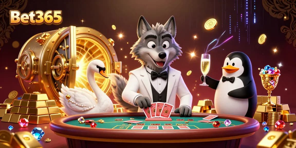 Experience the excitement of Bet365 with a luxurious 3D casino scene filled with vibrant characters and treasures.