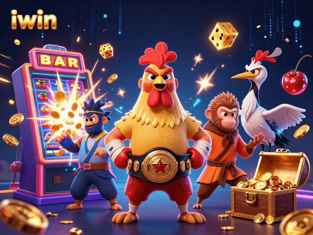 Experience the thrill of iwin with a vibrant 3D casino illustration featuring dynamic characters and exciting game elements.
