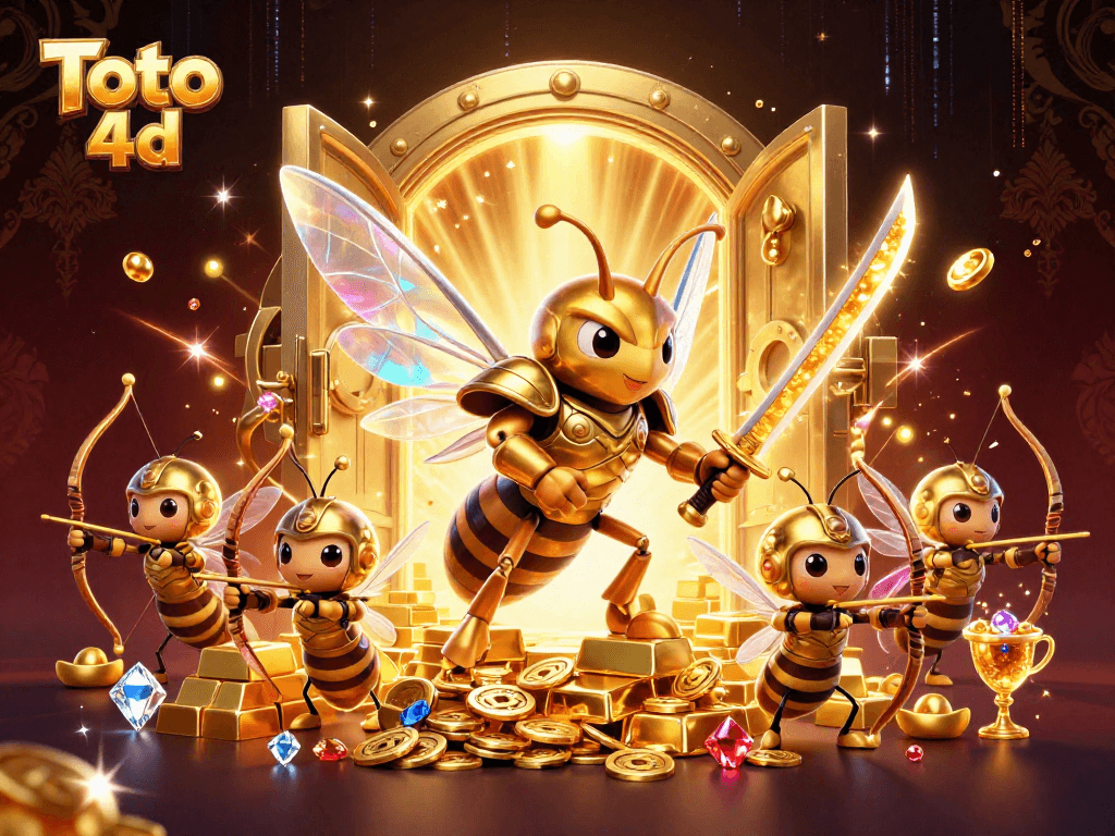 Engage with Toto 4d in a vibrant scene featuring a golden hornet and treasure in a stylized casino.
