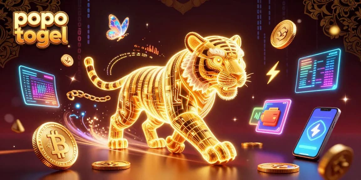 Engage with popo togel in a vibrant casino landscape featuring a golden tiger and neon crypto elements.