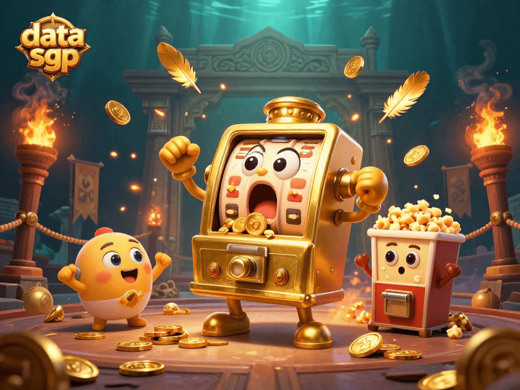 Slot mesin hijau mengeluarkan koin saat memenangkan data sgp dan ceria dikelilingi elemen kasino.