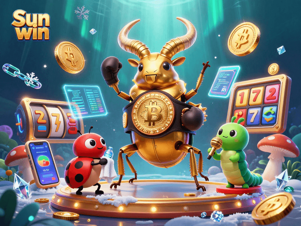 Engage in exciting gameplay at Sun win with a vibrant scene showcasing a boxing beetle champion in a crypto casino.
