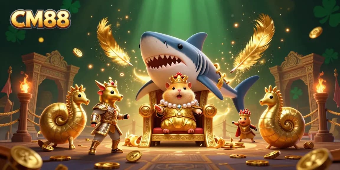 Engage in thrilling gameplay at CM88 with the vibrant casino-themed 3D illustration of a hamster king and mythical guards.