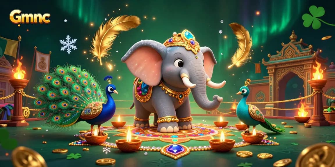 Engage with Gmnc at the casino featuring a vibrant elephant and peacock scene with dynamic betting elements.