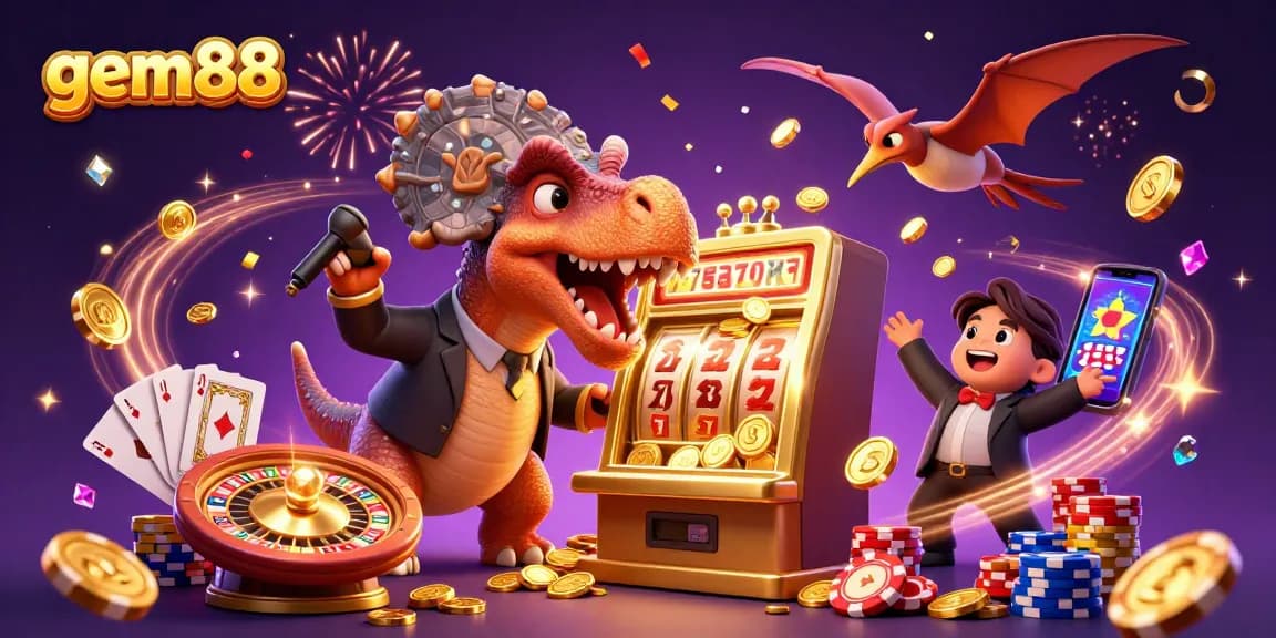 Experience gem88 thrills with a cartoon dinosaur jackpot scene filled with coins and casino games.