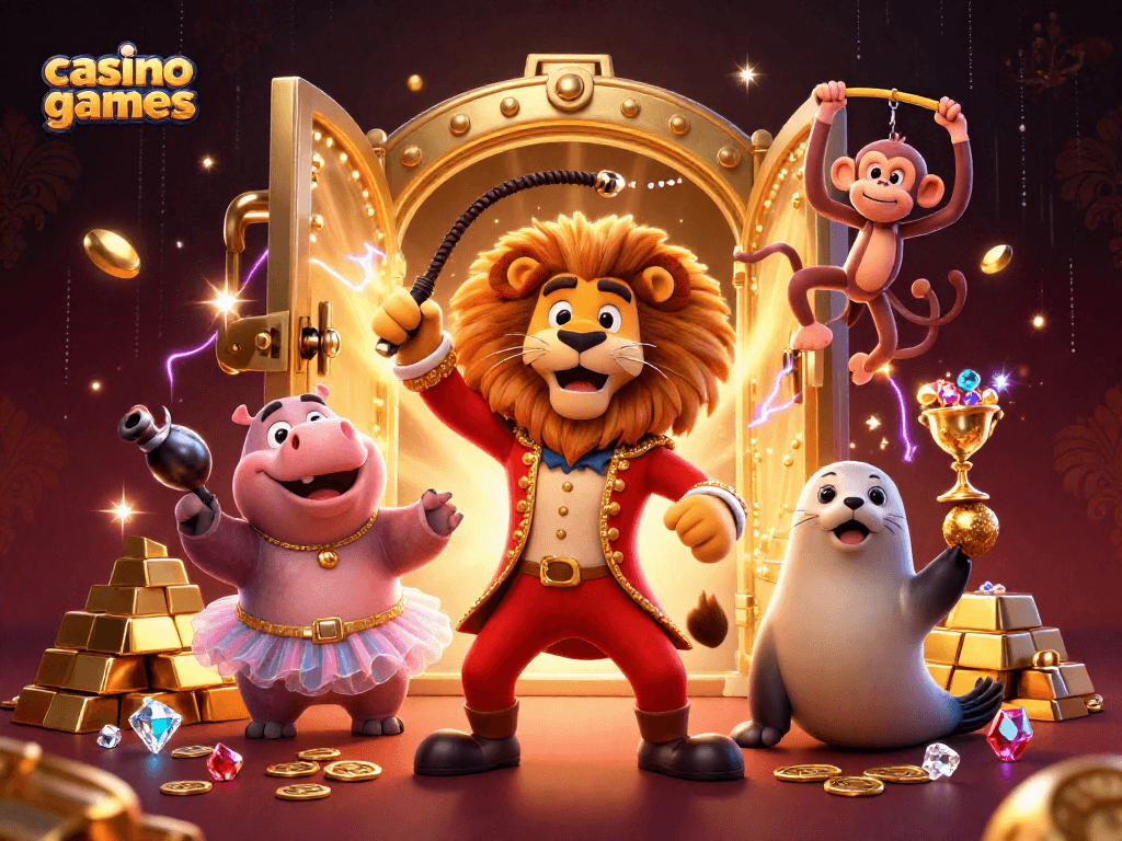 Experience exciting casino games with vibrant characters and dazzling treasure elements in a dynamic 3D illustration.