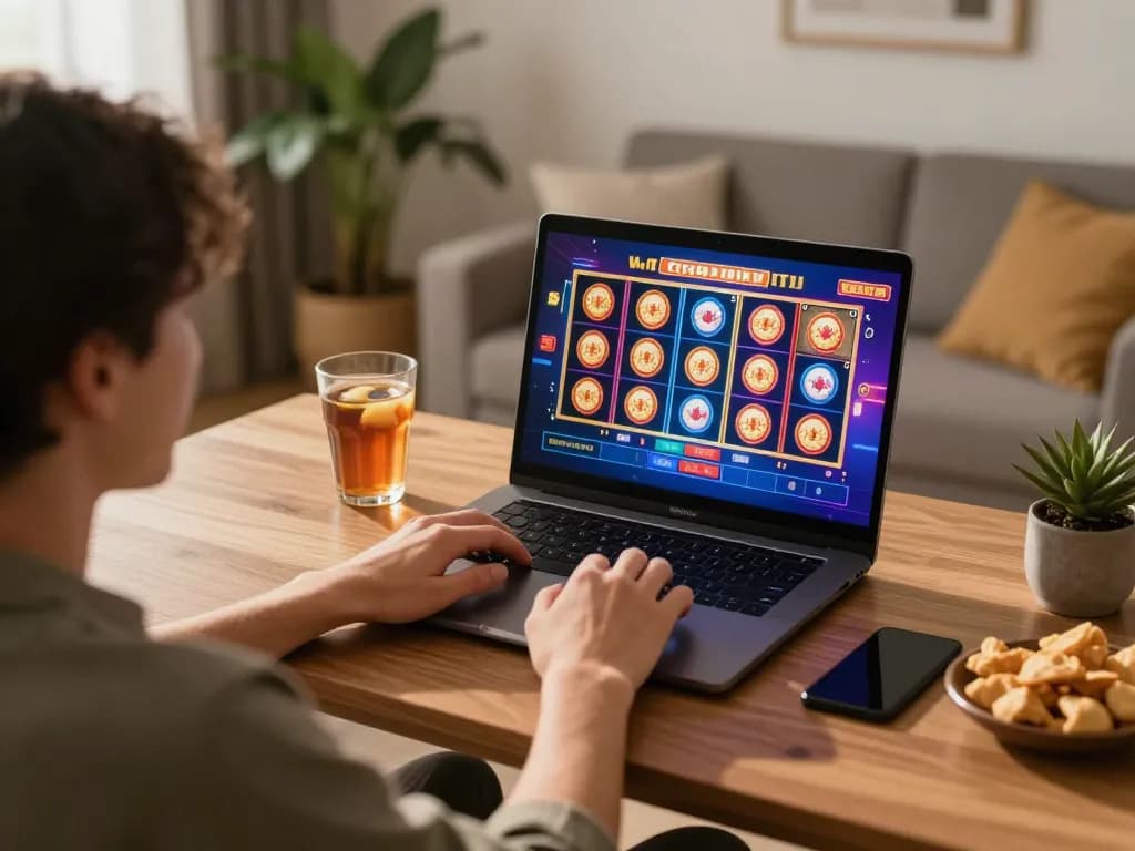 Engaging in online gameplay with sun win, showcasing colorful slot graphics and a cozy gaming setup