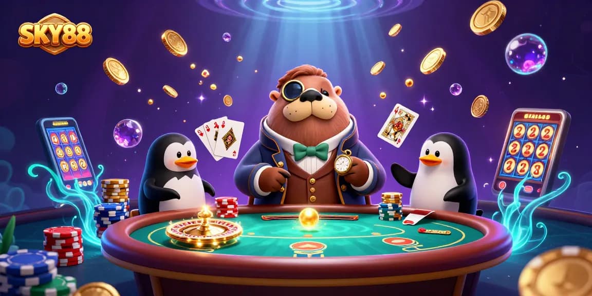 Win big at SKY88 with an underwater poker showdown featuring a walrus, penguin dealer, and pufferfish player.