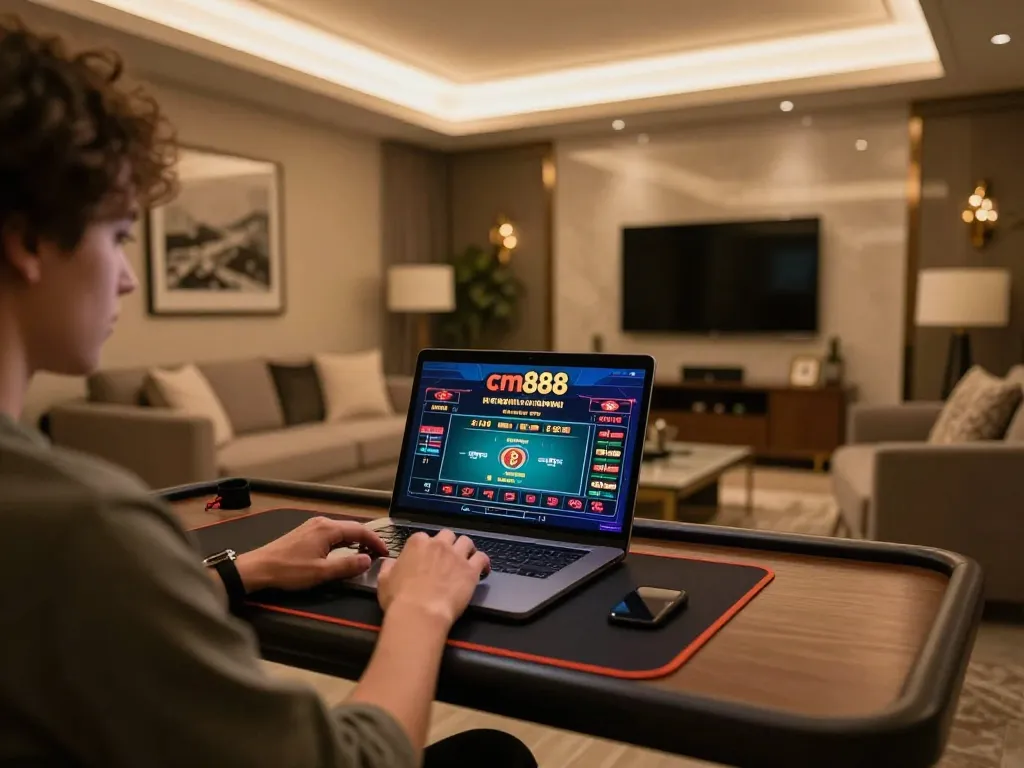 Player enjoying cm8888 online gaming experience on a premium laptop at home with a warm atmosphere