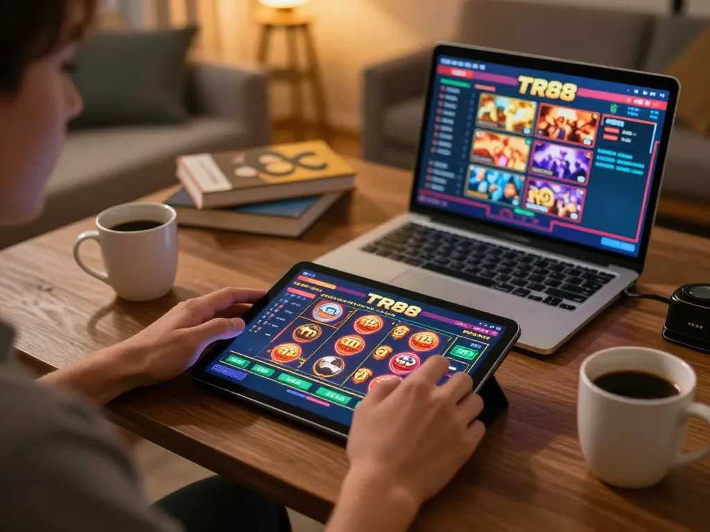 Engaging with TR88 slots on a tablet in a cozy home gaming setup.