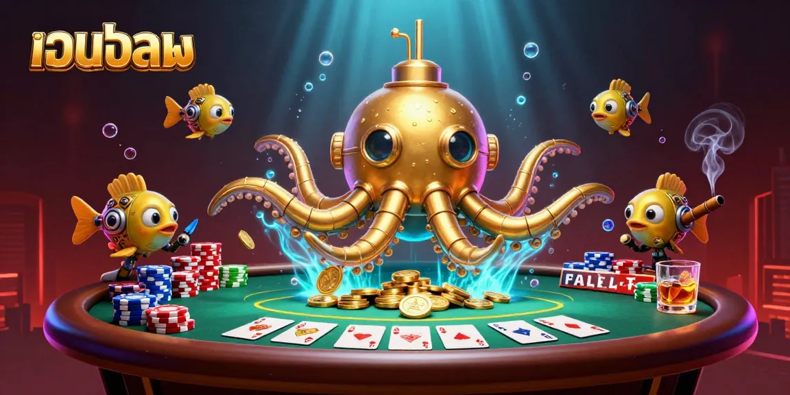 Engage with เว็บบอล offerings, featuring a golden kraken submarine amidst poker chips and dramatic cards.