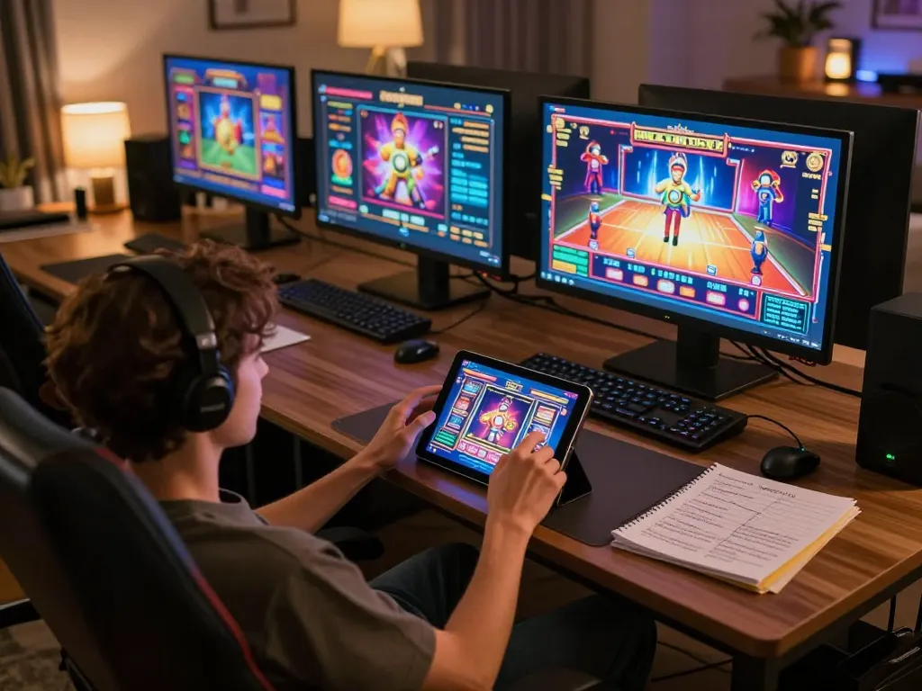 FAFA828 user enjoying slot gameplay on tablet in a cozy home environment.
