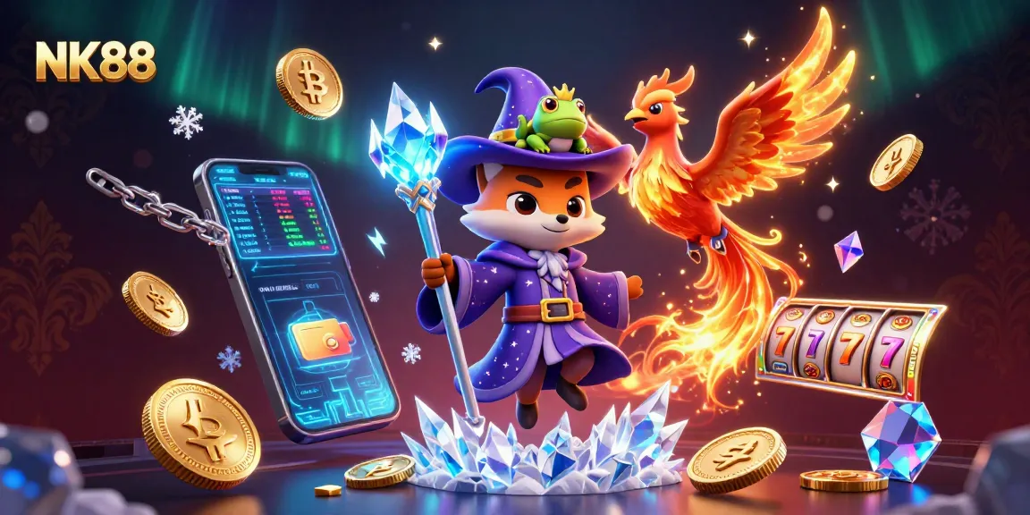 Experience the excitement of NK88 with a mystical wizard fox and phoenix amidst vibrant casino elements.