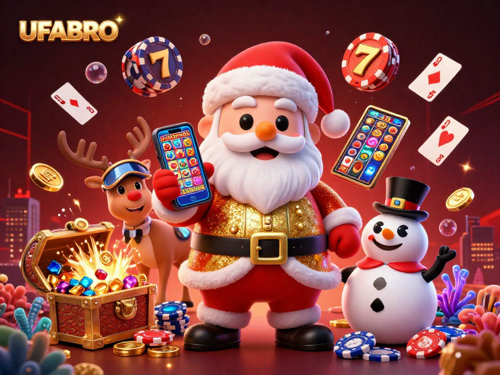 Spin the reels at UFABRO with festive characters in a lively casino scene showcasing jackpot excitement.