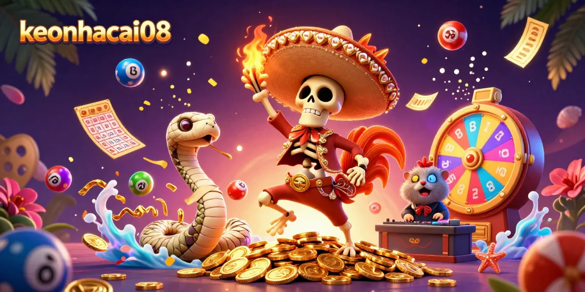 Engage with keonhacai08 and win as a mariachi rooster dances on golden coins amidst colorful lottery elements.