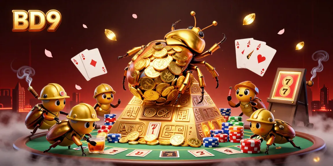 Experience the thrill of BD9 with the golden beetle rolling coins amidst vibrant casino elements.