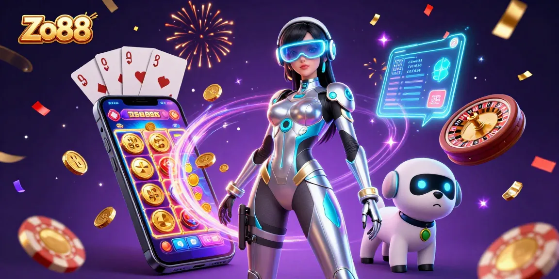 Win big with Zo88 in this vibrant 3D casino scene featuring dynamic games and a futuristic aesthetic.