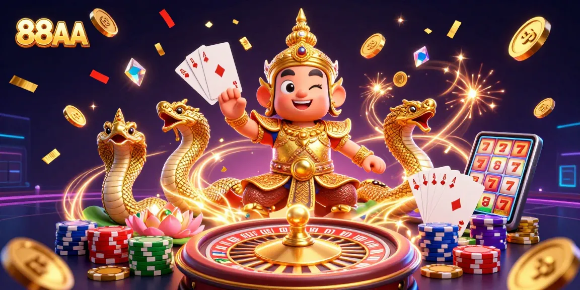 Engage with thrilling gameplay at 88AA featuring vibrant casino illustrations of slots, poker, and roulette.