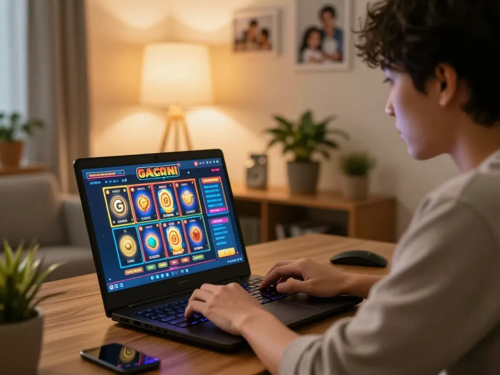 Engaging online gaming scene showcasing slot gacor hari ini on a laptop, featuring player focused on gameplay.