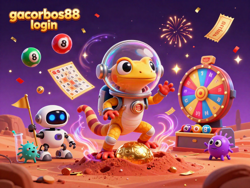 Engage with gacorbos88 login in a colorful, dynamic online casino scene with Martian characters celebrating.