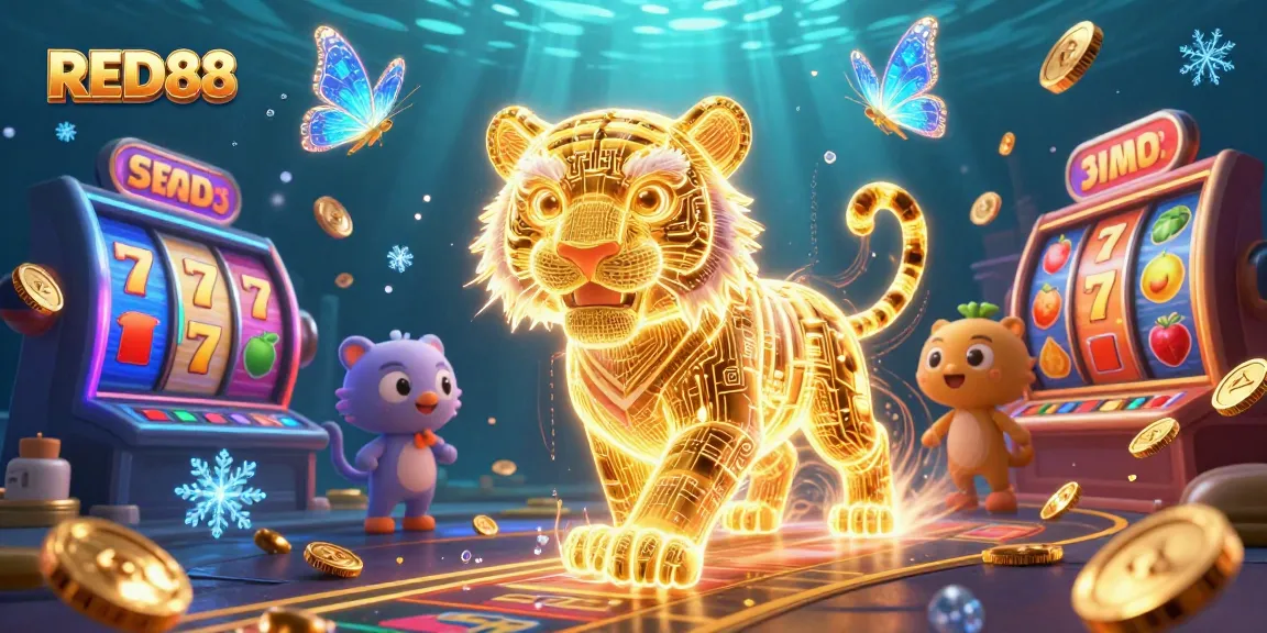 Engage with dynamic slot games featuring RED88's golden tiger in an energetic casino scene.