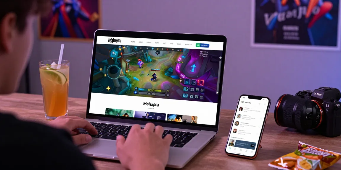 Excited gamer using mahajitu platform on a laptop with vibrant game graphics.