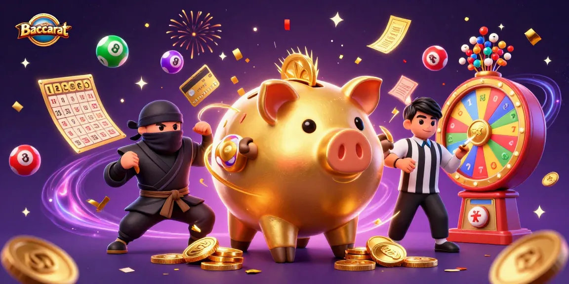 Baccarat game illustrated in a vibrant, energetic casino scene with a piggy bank sumo wrestler and colorful lottery elements.