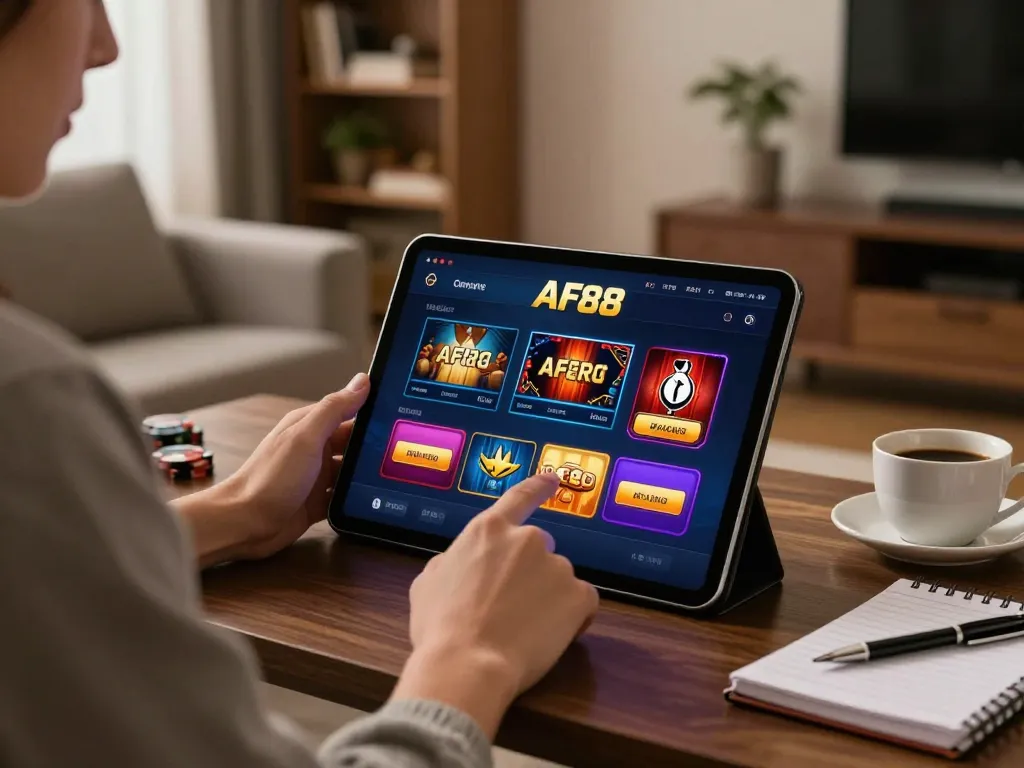 Engaging with the AF88 casino app on a tablet in a stylish home setting, emphasizing strategic online gaming.