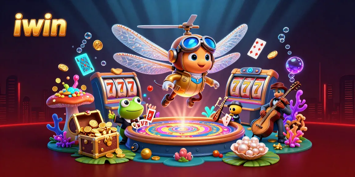 Experience exhilarating iwin gaming with a vibrant dragonfly pilot and frog croupier in a lively casino scene.