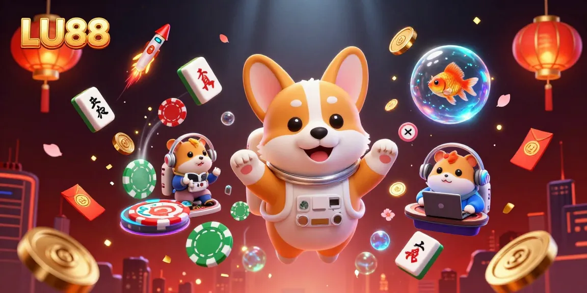 LU88 captures the excitement of casino gaming with a floating astronaut corgi amid vibrant decorations.