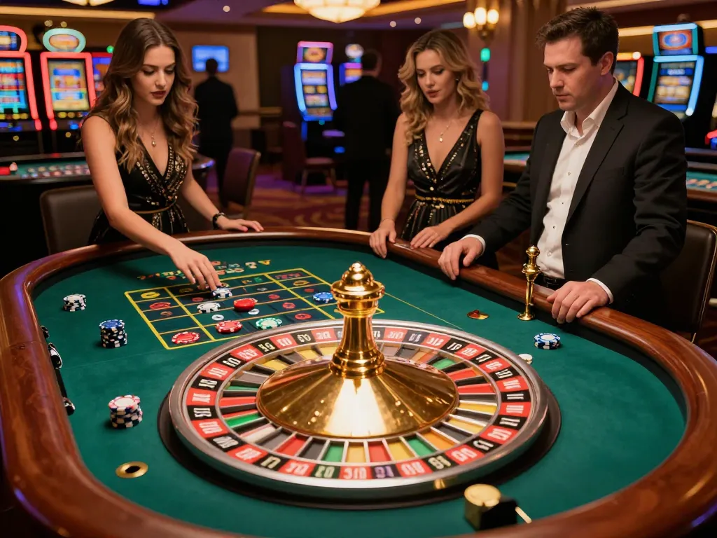 Engaged players strategizing bets at du88 roulette table amid vibrant casino atmosphere.