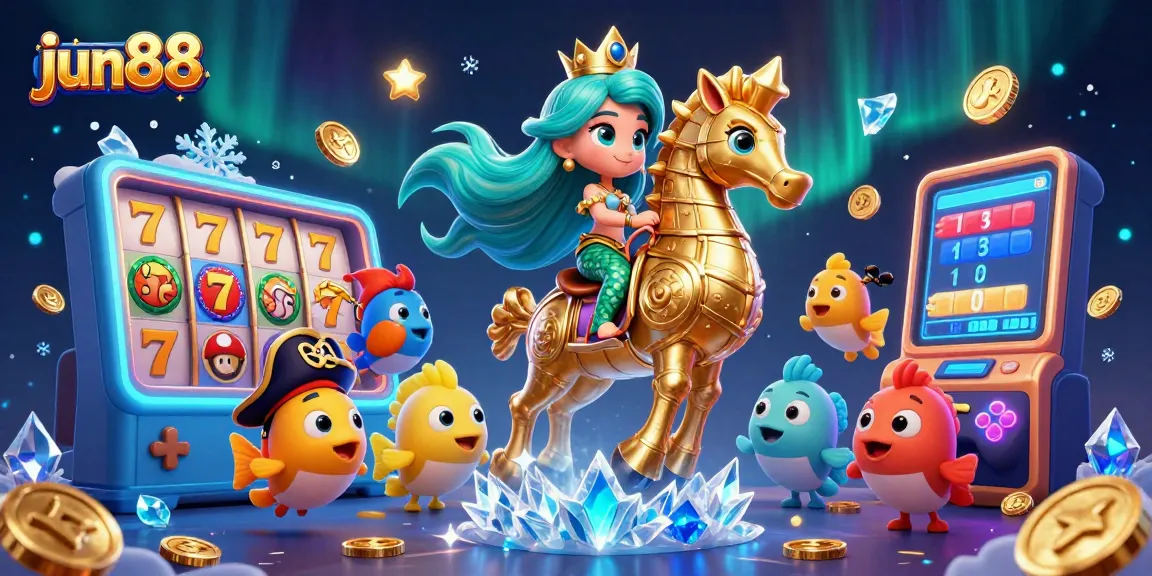 Spin to win at Jun88 with vibrant casino-themed illustration filled with slots and gold coins.