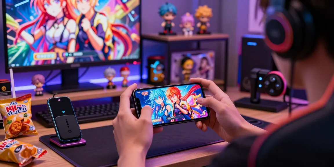 Engaging user enjoying mobile hentai games on smartphone in cozy gaming room, showcasing vibrant anime graphics.