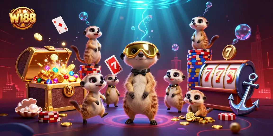 W188 meerkats run a colorful casino with gaming elements, showcasing thrilling action.