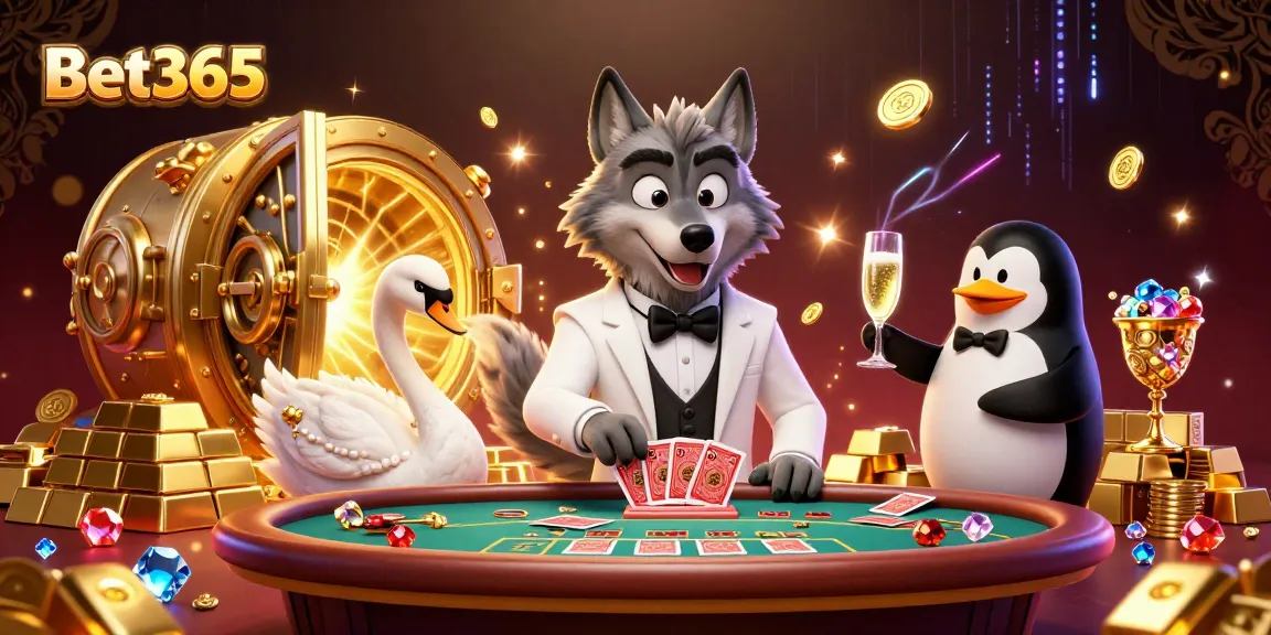 Experience the excitement of Bet365 with a luxurious 3D casino scene filled with vibrant characters and treasures.