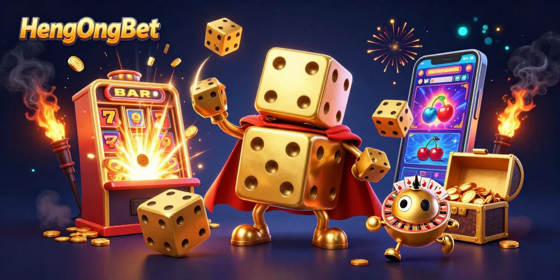 Experience the thrill of HengOngBet with a dynamic casino scene featuring golden dice and slot machines.