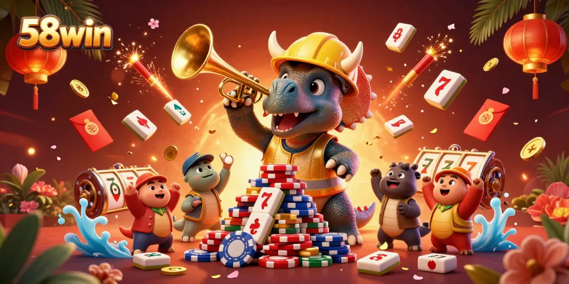 Join the fun at 58win with a cartoon triceratops and friends celebrating in a vibrant casino scene.