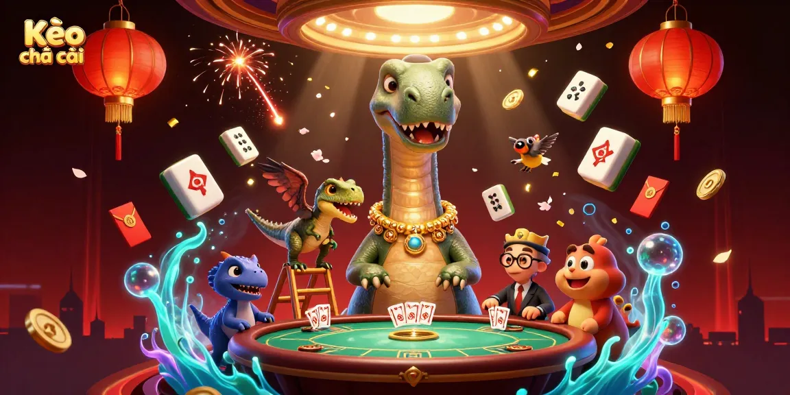 Kèo nhà cái offers thrilling moments with a dinosaur-themed poker scene in a vibrant casino setting.
