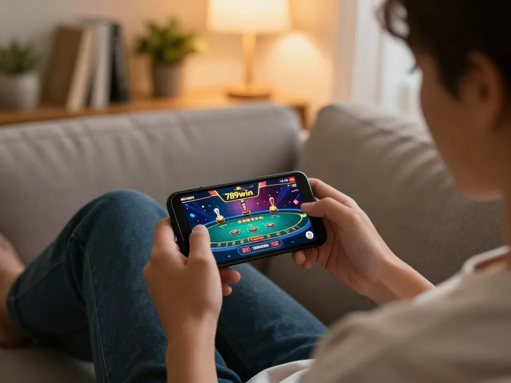 Engaging with the app 789win for mobile gambling in a cozy home setting.