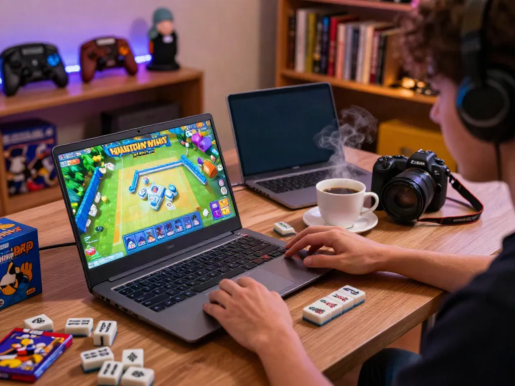 Pengalaman bermain Mahjong Ways di laptop gaming dengan suasana hangat dan aksesori permainan.