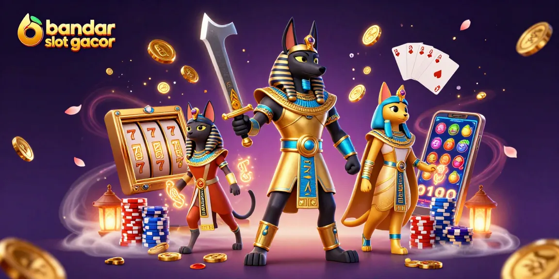 Persembahan bandar slot gacor dengan karakter Anubis dan Bastet dikelilingi koin emas dan simbol slot.