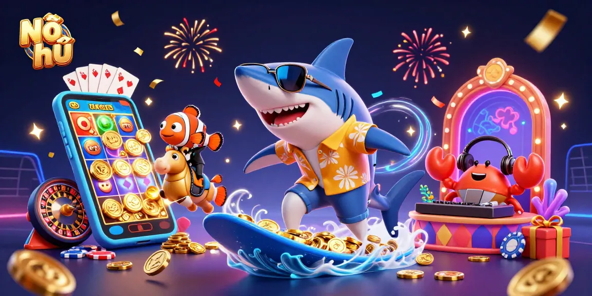 Nổ hũ action scene featuring a hammer-head shark and clownfish amidst golden coins and vibrant slot game elements