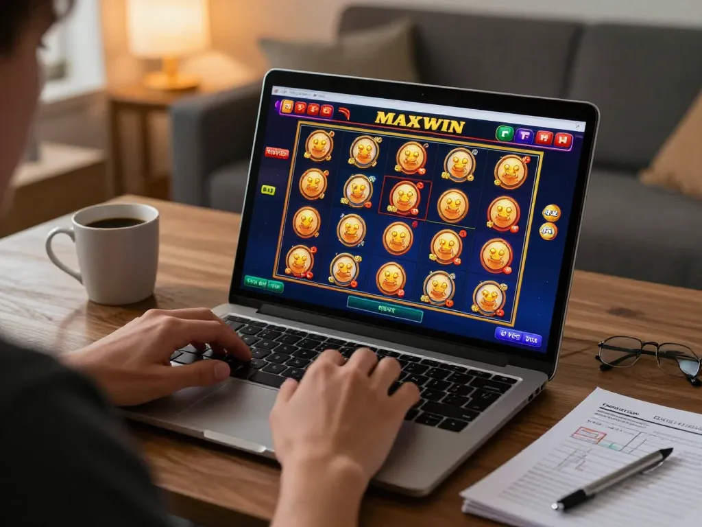 Engaging gameplay on a laptop featuring gacor slot games in a cozy home setting.